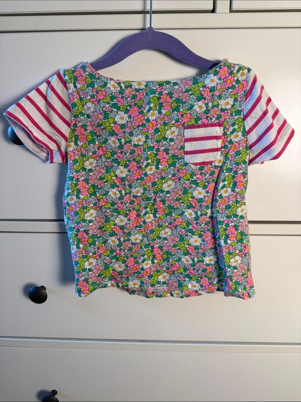 Mini Boden Floral Tee with Pink Stripe Sleeves and Neon Accents